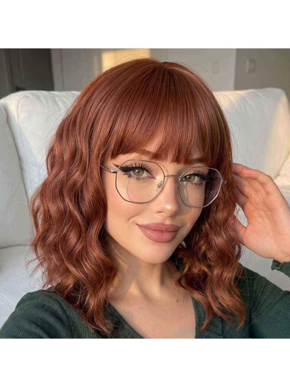 Woman's Burnt orange Curly Bob Wig with Bangs Short Wavy Synthetic Hair Wig